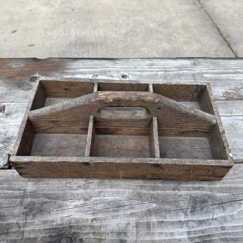 Vintage 6 Comp Wood Garden Tool Tote Caddy Toolbox Handmade Carpenters